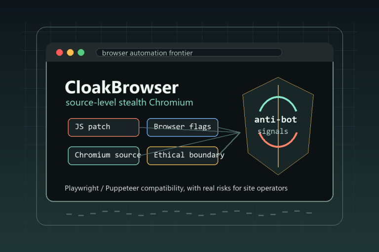 CloakBrowser 將 browser automation 偽裝從 JS 與啟動參數推進到 Chromium 原始碼層的概念圖