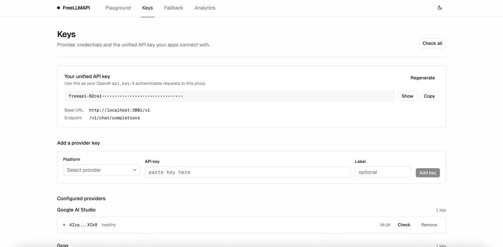 FreeLLMAPI dashboard 的 API keys 管理畫面