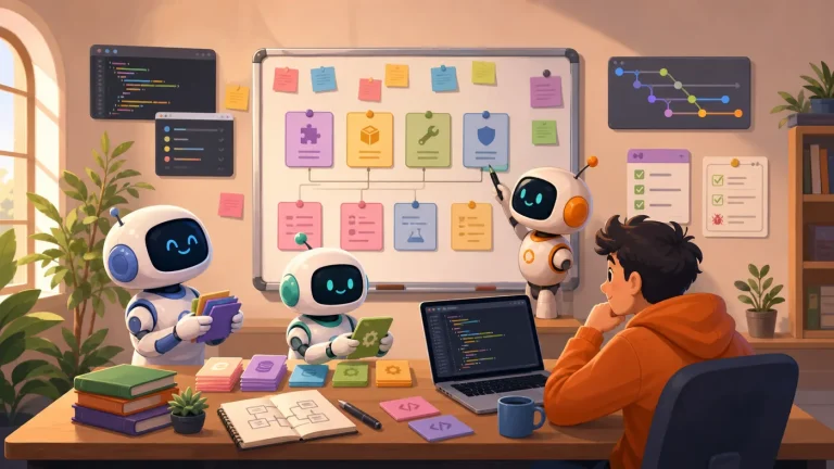 卡通風格的 AI coding agent 團隊在白板前用 skills、測試與 Git 分支規劃開發流程