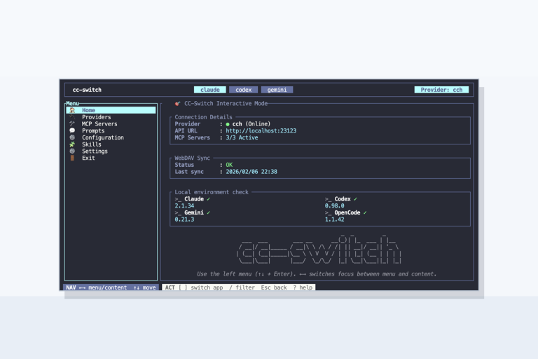 cc-switch-cli 終端首頁截圖的裁切安全封面圖，用於 clawhud.com 首頁與文章列表。