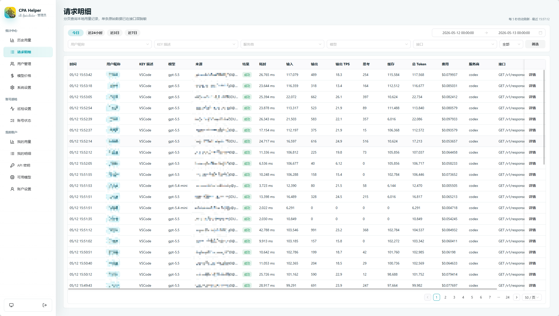 CPA-Helper 請求明細頁,可依使用者、模型、API Key 與失敗狀態篩選請求。