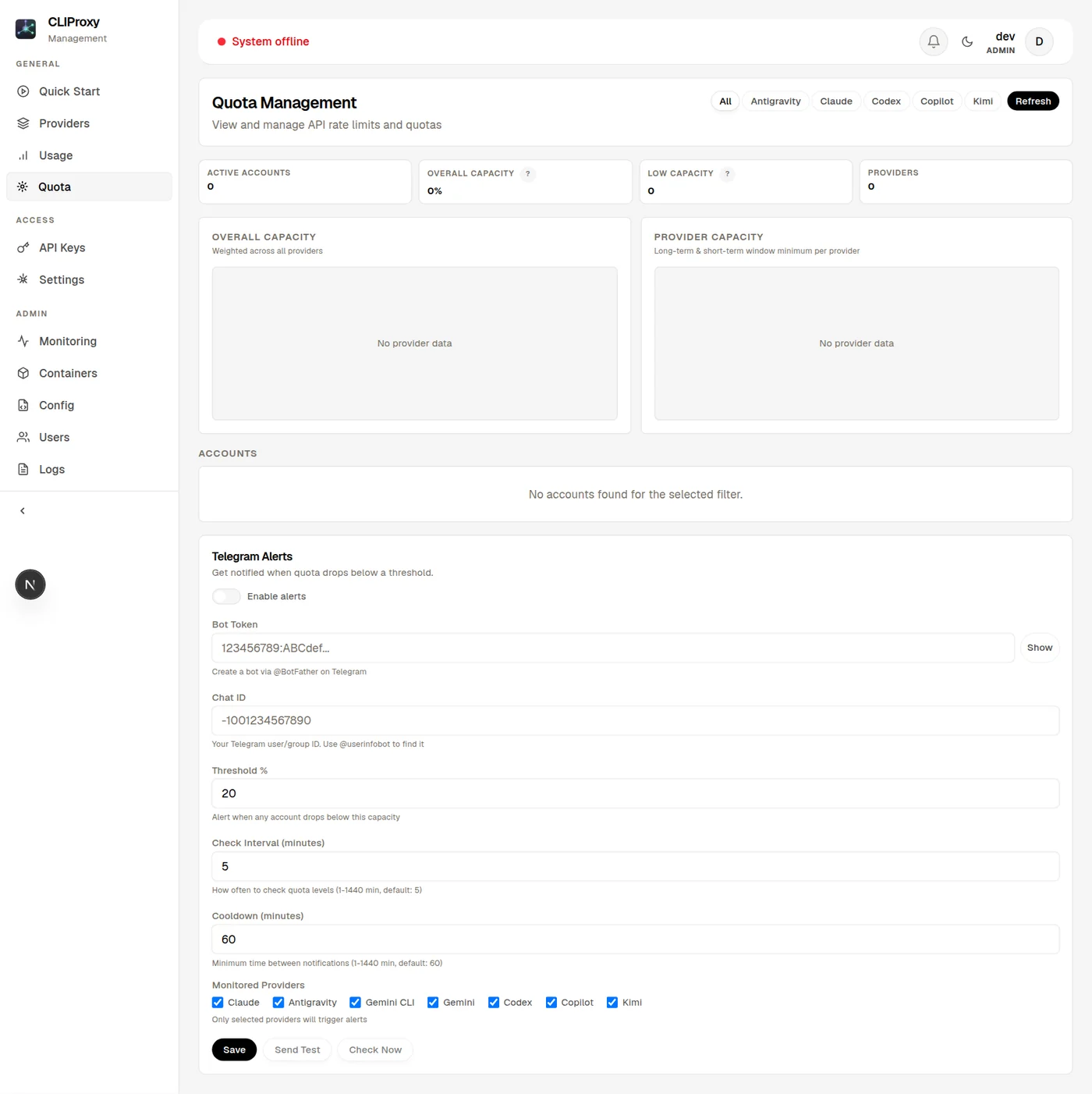 CLIProxyAPI Dashboard quota management 額度追蹤畫面