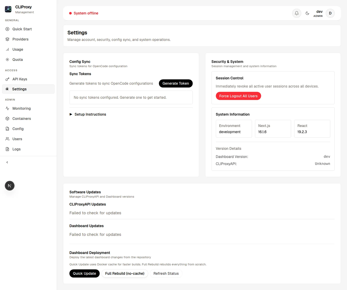 CLIProxyAPI Dashboard settings 設定與系統資訊畫面