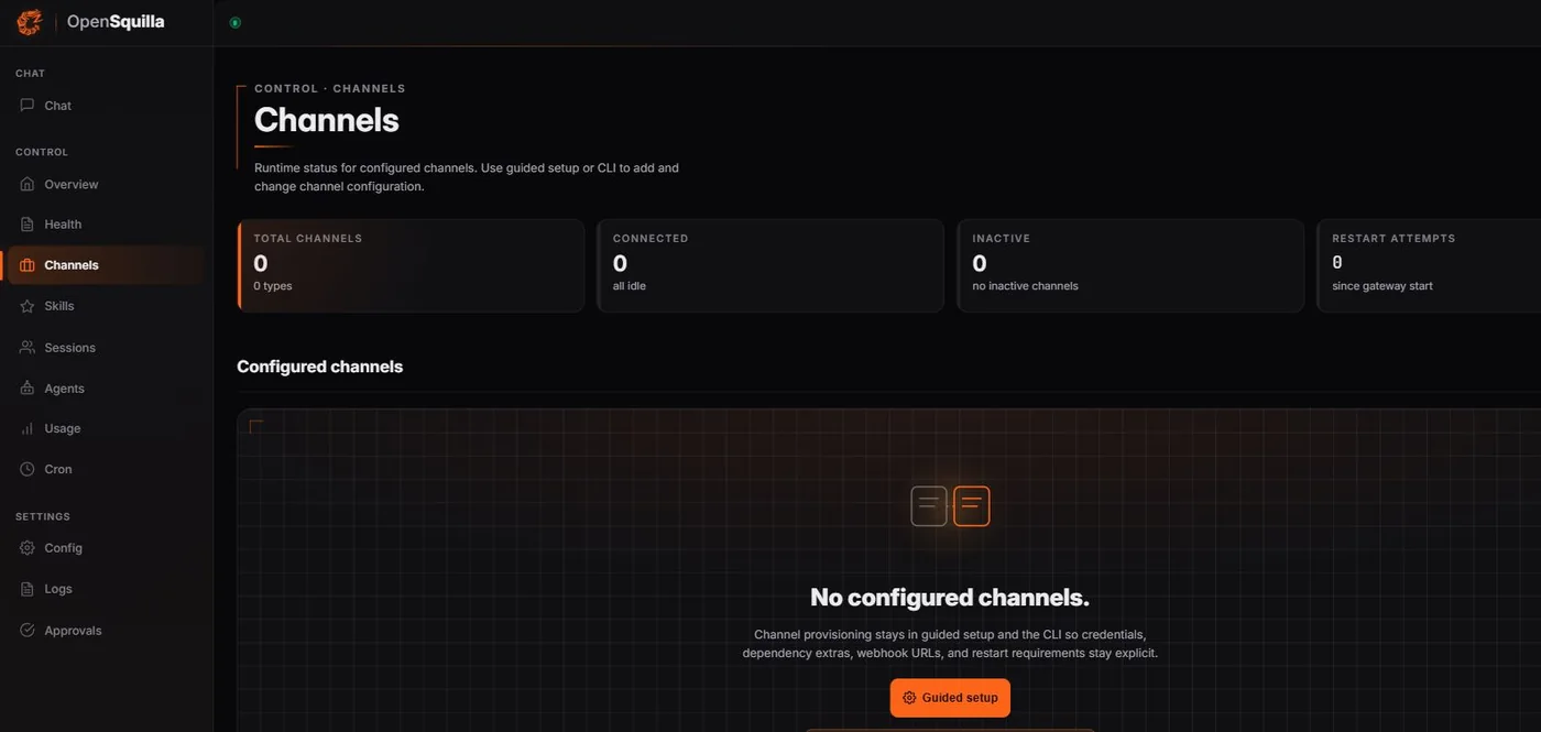 OpenSquilla Channels 頁面，顯示通訊頻道狀態與 Guided setup。