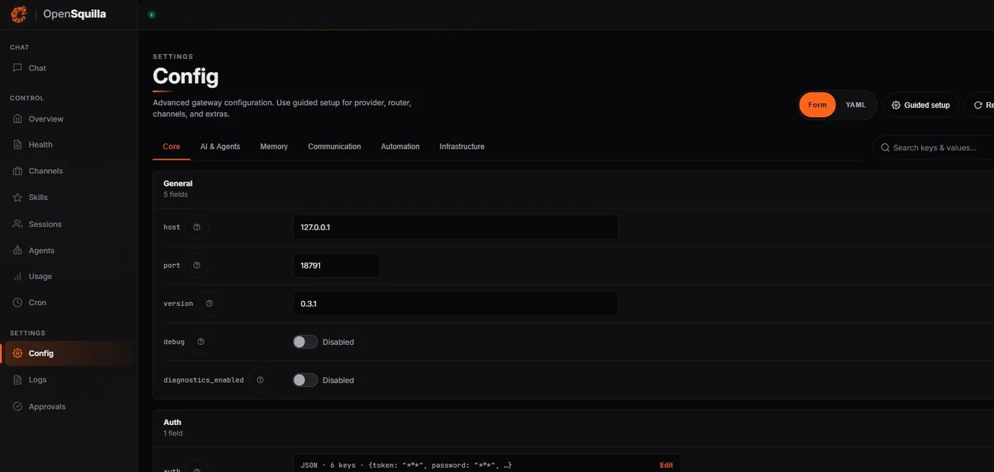 OpenSquilla Config 表單頁面，顯示 Core、AI、Memory、Communication 與 Automation 分頁。