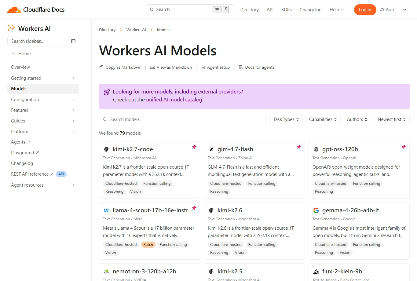 Cloudflare Workers AI models catalog