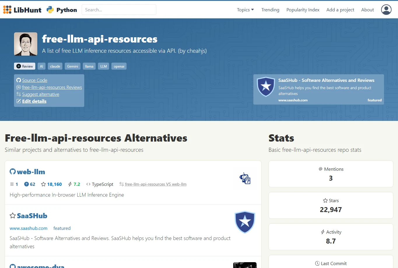 LibHunt page for free-llm-api-resources