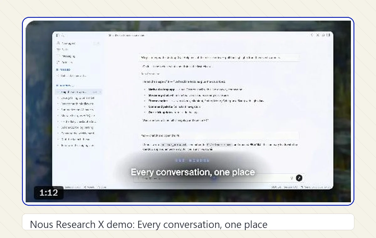 Nous Research X demo 影片中的 Hermes Desktop conversations 介面,畫面顯示左側 session 導覽與中央工作區。