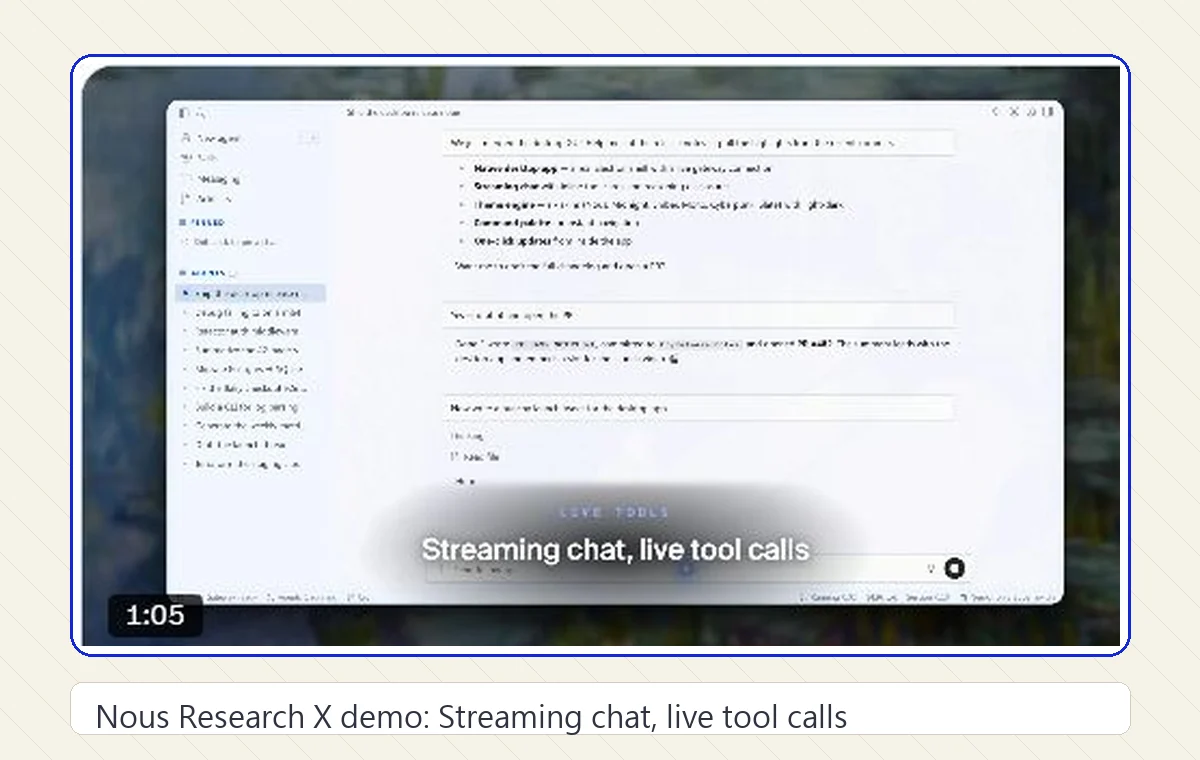 Nous Research X demo 影片中的 Hermes Desktop live tool calls 介面截圖。