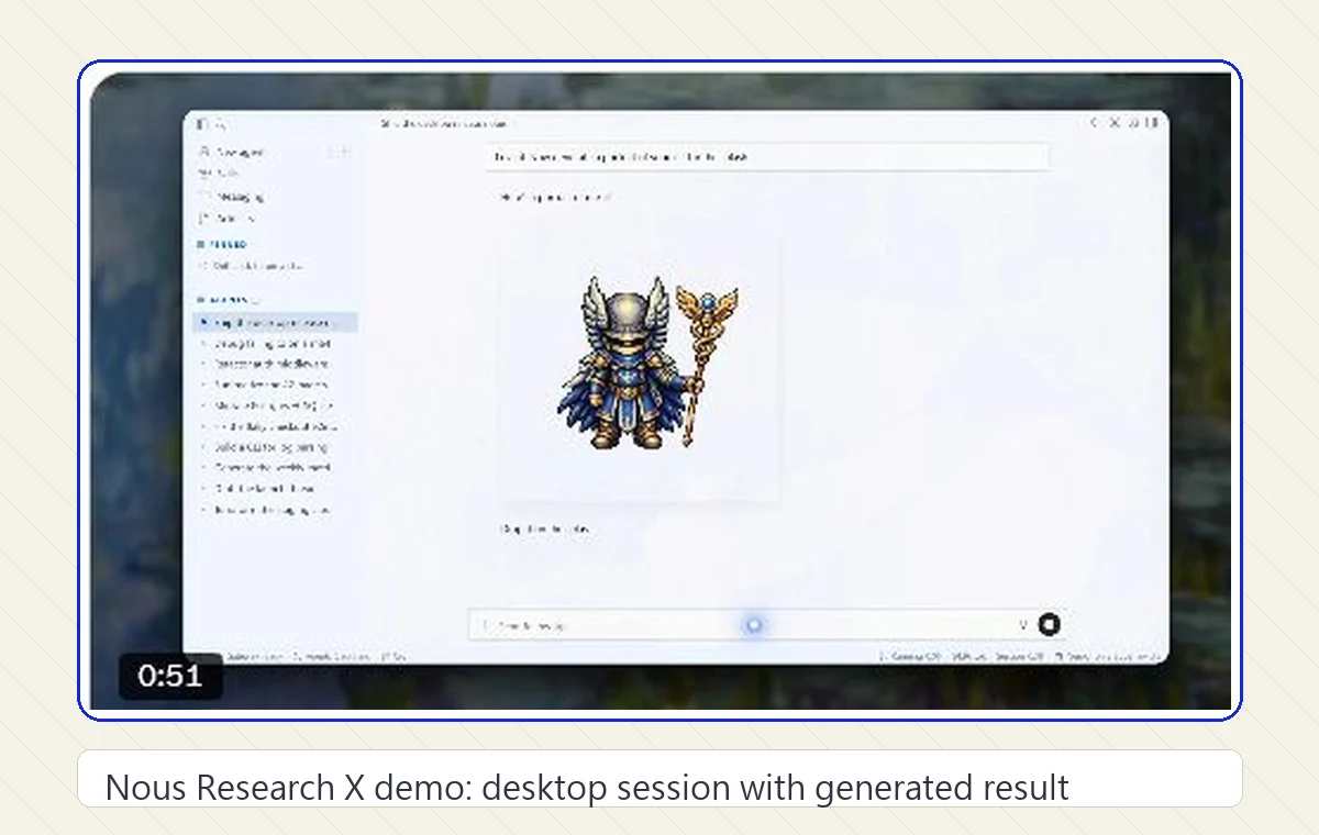 Nous Research X demo 影片中的 Hermes Desktop session 結果畫面,中央顯示產出的像素角色圖。