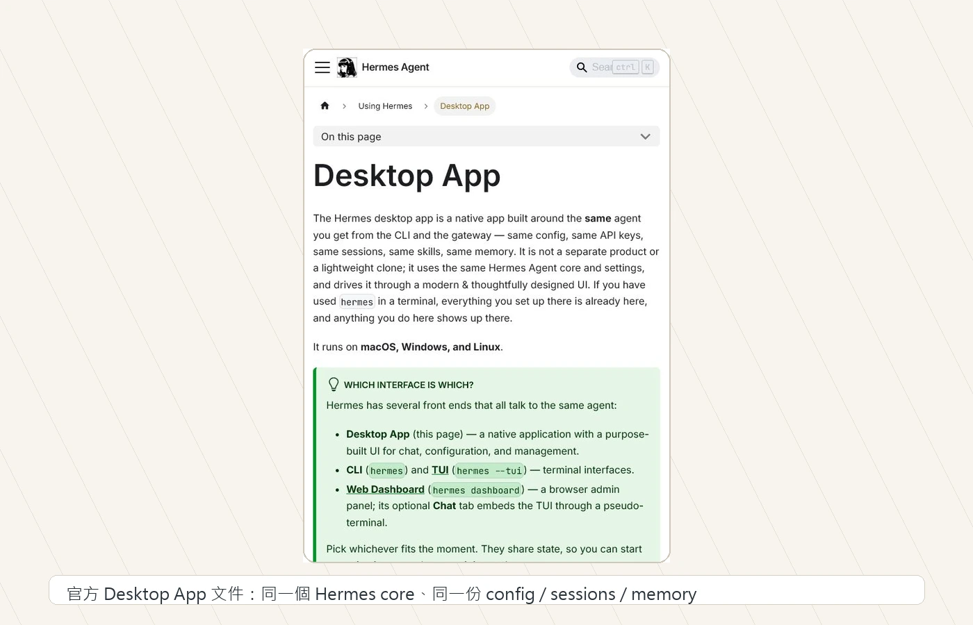 Hermes Desktop 官方文件頁截圖,說明 desktop app 與 CLI、gateway 使用同一套 agent。
